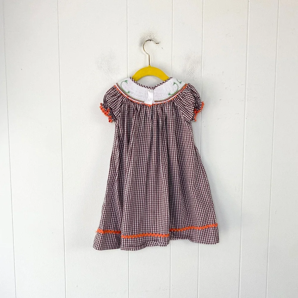 Marmellata Girls sz 3T Brown Gingham Smocked Pumpkin Thanksgiving Dress